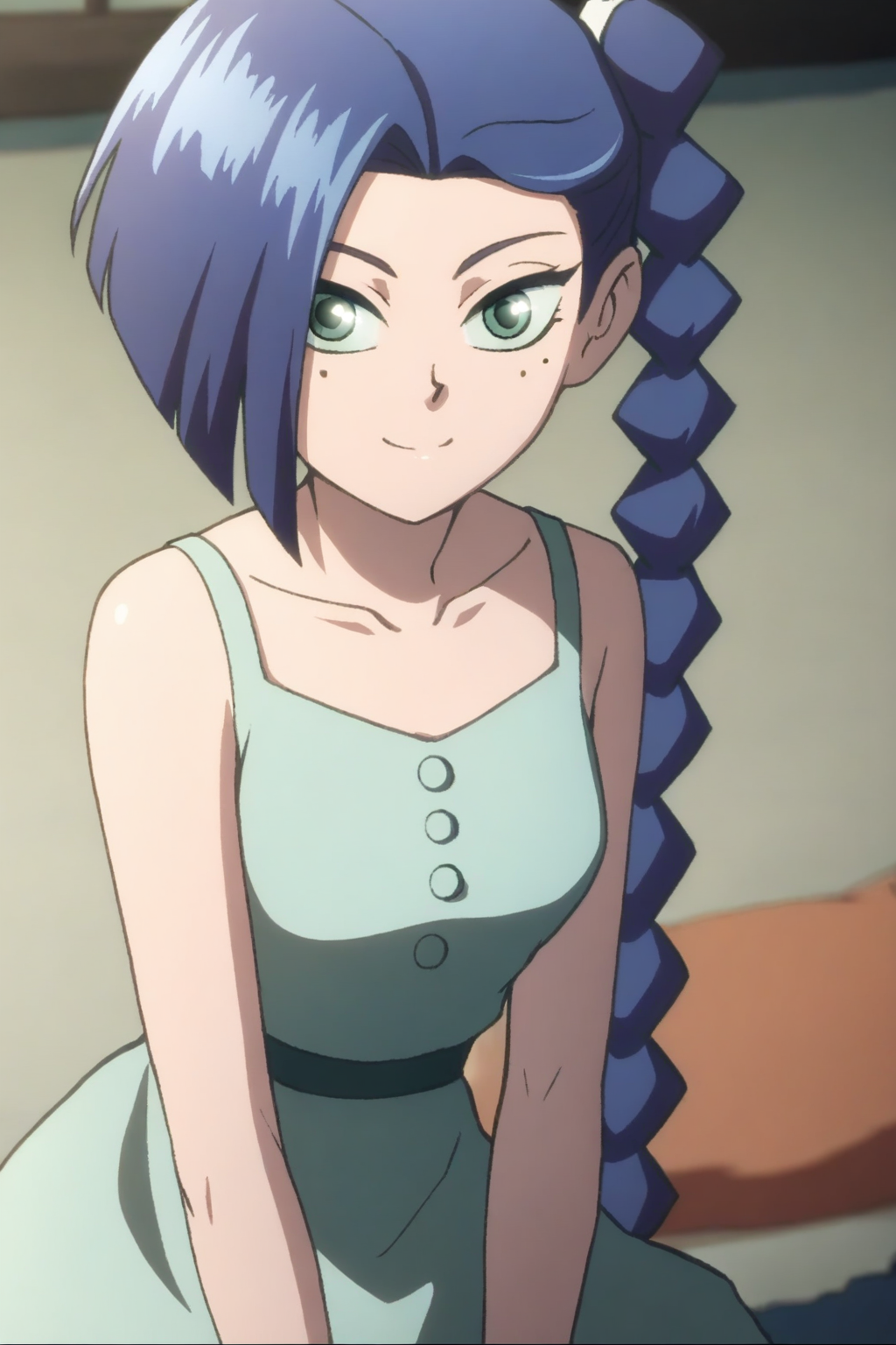 <lora:meihuashisan:1>,meihuashisan,1girl,solo,long hair,blue hair,mole,mole under eye,green eyes,
braid,dress,collarbone,single braid,
smile,looking at viewer,, masterpiece,best quality,amazing quality,absurdres, anime screenshot, lazypos ,