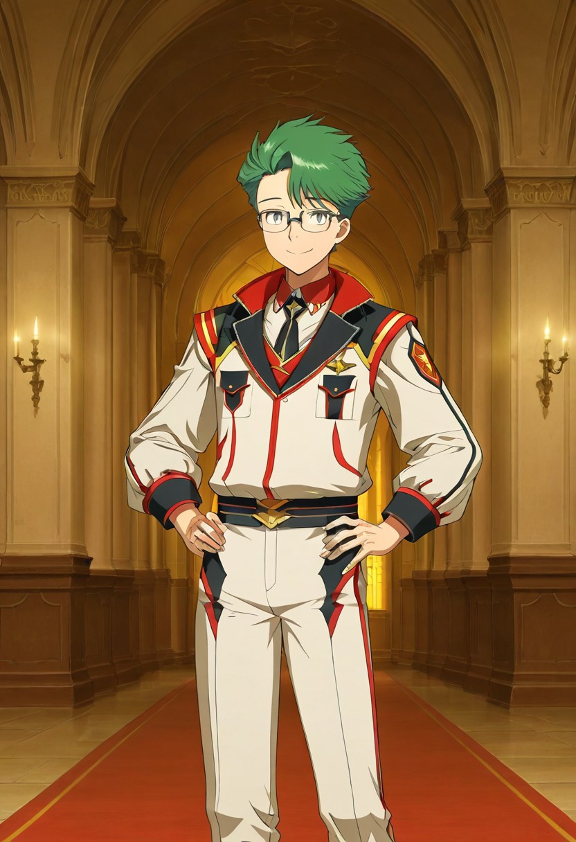 gb4_tao, green hair, short hair, grey eyes, 1boy, solo, male focus, glasses, wear noble outfit, military outfit, white outfit, indoor, inside palace, white wall, expensive decorations, anime style, anime draw style, perfect hands, high quality, best quality, masterpiece, outdoor setting, hands lean on hip, strong legs