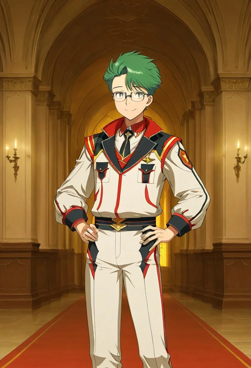 gb4_tao, green hair, short hair, grey eyes, 1boy, solo, male focus, glasses, wear noble outfit, military outfit, white outfit, indoor, inside palace, white wall, expensive decorations, anime style, anime draw style, perfect hands, high quality, best quality, masterpiece, outdoor setting, hands lean on hip, strong legs