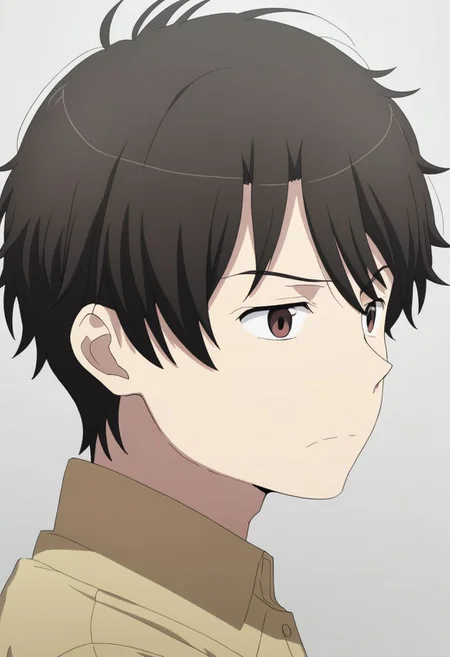 high resolution, solo, best quality, 1Boy, Inaho Kaizuka, Black Hair, Brown Eyes, potrait, dark shirt, looking at viewer, focused gaze forward, simple background, straight body, upper body, head upright, disgust, OverallDetail