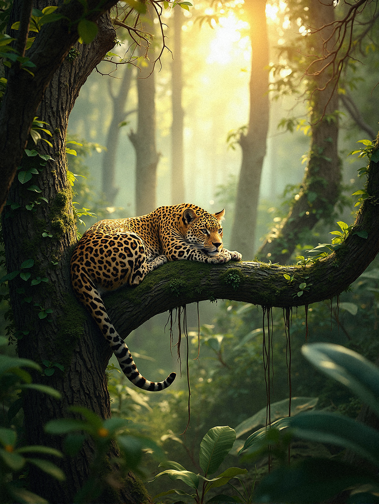  a hyper-realistic scene of a leopard resting on a large tree branch in the heart of a dense, sun-dappled forest. The leopard should appear relaxed and at ease, with its limbs draped over the branch, and its eyes either half-closed or gazing softly into the distance. The forest should be lush and full of tall trees with textured bark, surrounded by a mix of green foliage and dappled sunlight that filters through the canopy above. The background should have a subtle blur, emphasizing the depth of the jungle and drawing attention to the leopard as the focal point.

The light should create a warm, golden glow, casting gentle shadows that highlight the leopard’s golden coat and dark rosettes. Focus on achieving a photorealistic effect that captures the details of the leopard’s fur, the rough texture of the bark, and the varying shades of green within the foliage. The overall color palette should reflect the serene, natural beauty of the forest, creating a sense of tranquility and harmony with the leopard as the centerpiece of this peaceful jungle scene.


