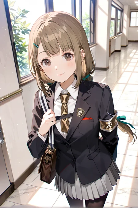 artist:gomzi,artist:wanke,artist:diyokama, rei_(sanbonzakura),[[artist:fuzichoco]],year 2023, 
school hall, solo, smile,
amabuki marie, brown eyes, brown hair, blunt bangs, low twintails, hair ribbon, green ribbon, hairclip,
white shirt, brown necktie, square-end necktie, black blazer, medal, armband, messenger bag,
grey skirt, black pantyhose <lora:tce2_majorcharacters.ilxl:0.8>