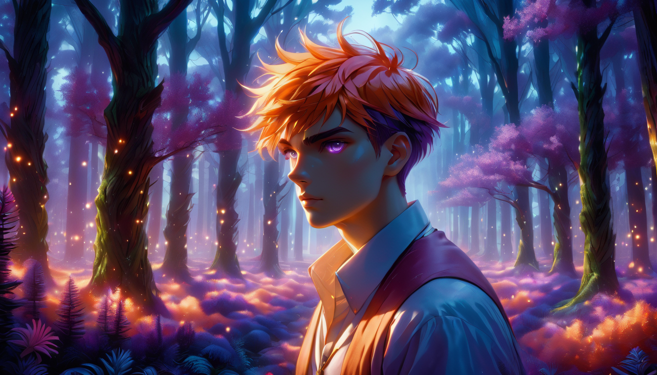 score_9, score_8_up, score_7_up, photorealism, raw photo, etheral, motion lines, glowing, 1boy, man, male focus, solo, adult male, a man who is willing to admit when he is wrong, short quiff hair, coral orange Short hair, purple eyes, dynamic lighting, vaporized city, indoors,  Pink Mink flowers, douglas fir blossom trees,, medium full shot, metal detecting  , bent over, deep colors, vivid, colorful, fairy tale aethestics, magic, fireflies, cinematic composition, volumetric clouds, volumetric lighting, volumetric fogs, volumetric dusk, lots of volumetric smoke