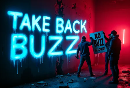 An underground resistance group in a dystopian city sprays graffiti on a massive, crumbling government wall. The bold letters "Take Back Buzz" glow in electric blue and red. One member holds up a glowing spray can, still dripping neon paint, while another pulls down a government propaganda poster that says "No Buzz Allowed!". The tension and defiance are palpable in the chaotic, neon-lit setting. <lora:None:1>