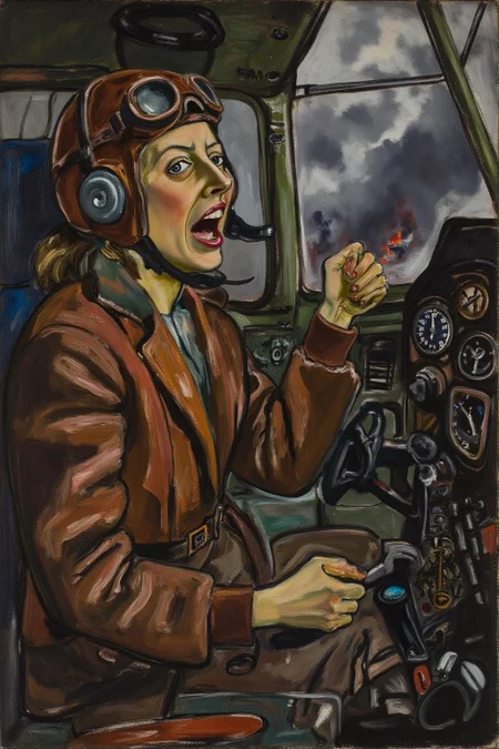 aliceneel1 painting.
A female pilot screaming inside the cockpit of a World War II bomber. The pilot, wearing a vintage leather flight helmet with goggles and a bomber jacket, grips the controls with white-knuckled hands. Her face is contorted in a mix of fear and determination as she yells, her eyes wide with adrenaline. The cockpit is cramped and filled with old-fashioned dials and gauges, with the outside view showing dark stormy clouds and distant anti-aircraft fire  <lora:aliceneel1_cap_d6a3e12:1.0><lora:842432314697955356:0>