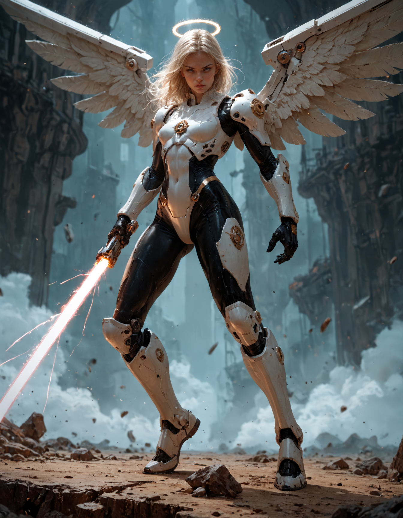 score_9, score_8_up, score_7_up, score_6_up, score_5_up, score_4_up, artiangel, a highly advanced mecha angel wearing  an alluring  futuristic bodysuit wielding a gigantic laser sword, young, female, alluring, sexy, otherworldly beautiful, emerging into battle, action battle pose, perfect composition, highly dynamic, full body view
<lora:artiangel:0.5> artiangel, <lora:Fant5yP0ny:0.8>