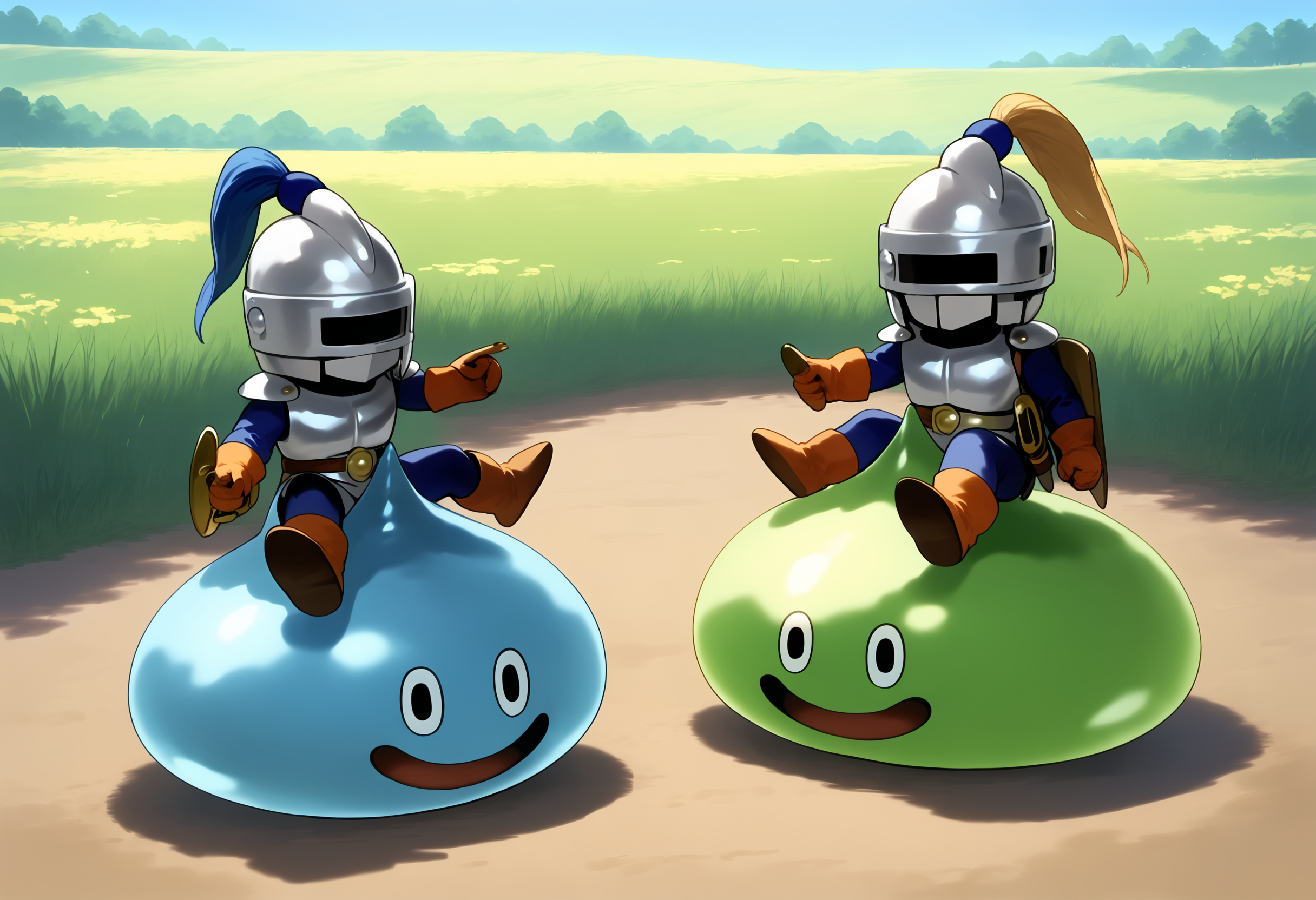 score_9,score_8_up,score_7_up,best quality,masterpiece,super detailed,full_body,zPDXL BREAK nature,field,2others,
<lora:Pony_DetailV2.0:1> BREAK slime knight,slime_(dragon_quest),armor,helmet,knight,<lora:slime knight-v3-pony:0.7>,^o^,looking_each_other,