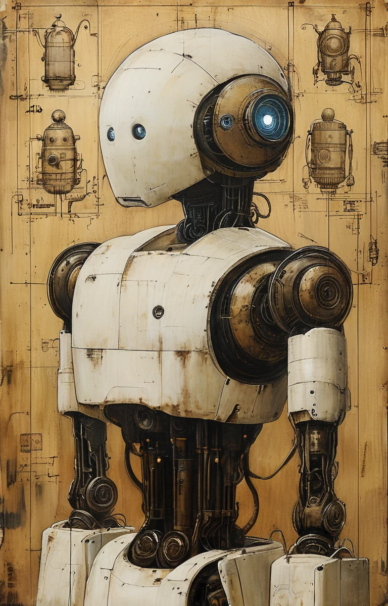 masterpiece,best quality,<lora:tbh191-sdxl:0.9>,illustration,style of Leonardo da Vinci, portrait of Housework robots