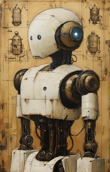 masterpiece,best quality,<lora:tbh191-sdxl:0.9>,illustration,style of Leonardo da Vinci, portrait of Housework robots
