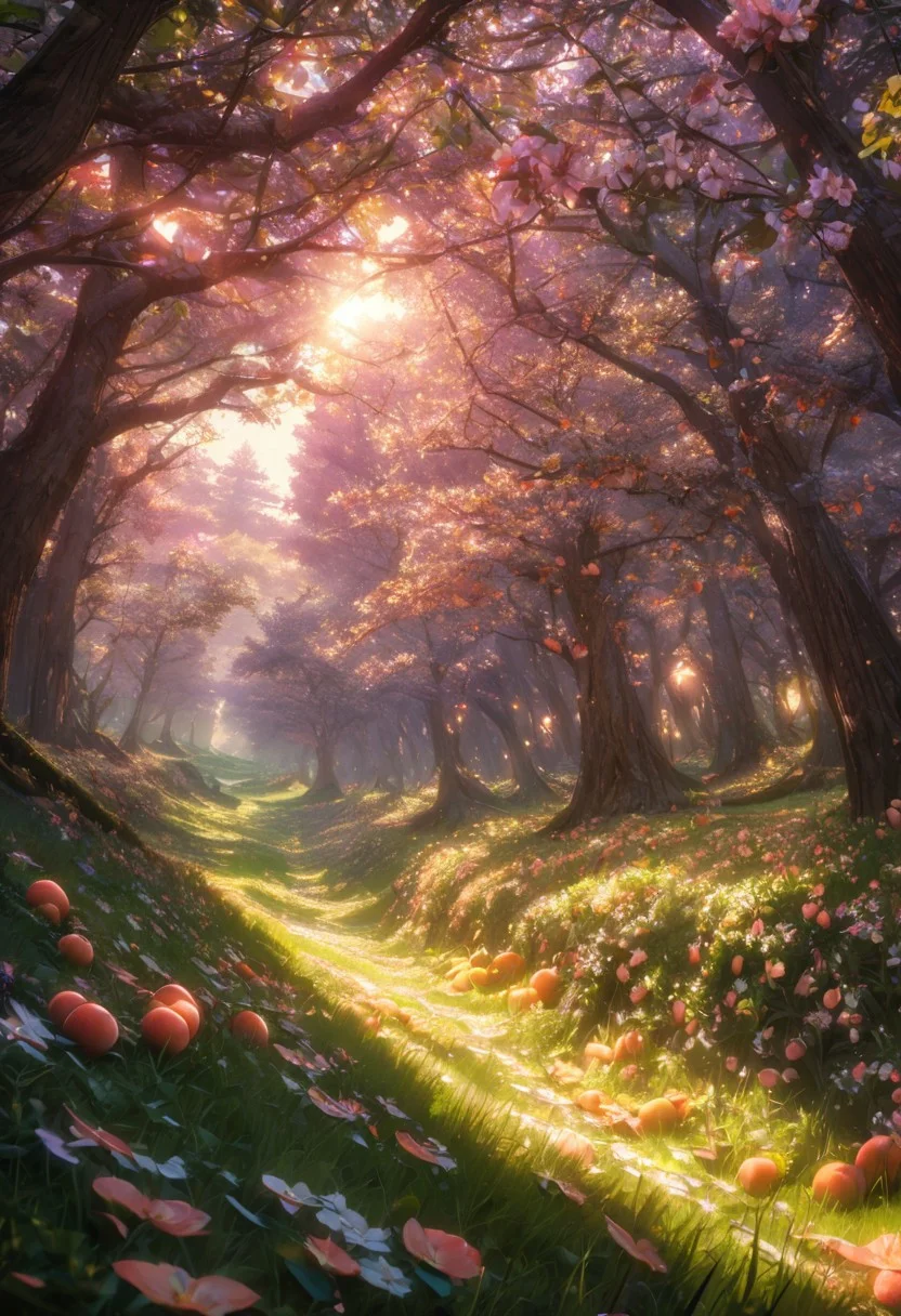 (raytracing, best quality, 8k, high res, masterpiece:1.2, picnic on grass), photorealistic, ultra-detailed, vibrant photography of a picturesque peach orchard at sunset, The trees are heavy with ripe, glistening peaches in shades of red, green, and gold, their leaves a vibrant, healthy green. Sunlight filters through the branches, casting a warm, golden glow over the entire scene. Delicate peach blossoms still cling to some branches, adding a touch of soft pink and white to the landscape. The ground is covered with a lush carpet of grass and wildflowers, with fallen peaches scattered about. A rustic wooden fence borders the orchard, and in the background, rolling hills and distant mountains are bathed in the warm, fading light of the setting sun. A gentle breeze rustles the leaves and carries the sweet scent of apples through the air. This idyllic scene captures the serene beauty and abundance of nature in exquisite detail. (dynamic angle, cinematic lighting, ethereal atmosphere:1.1), (extremely detailed:1.2), (vivid colors:1.3), (perfect composition:1.2), (sharp focus, stunning realism:1.2)