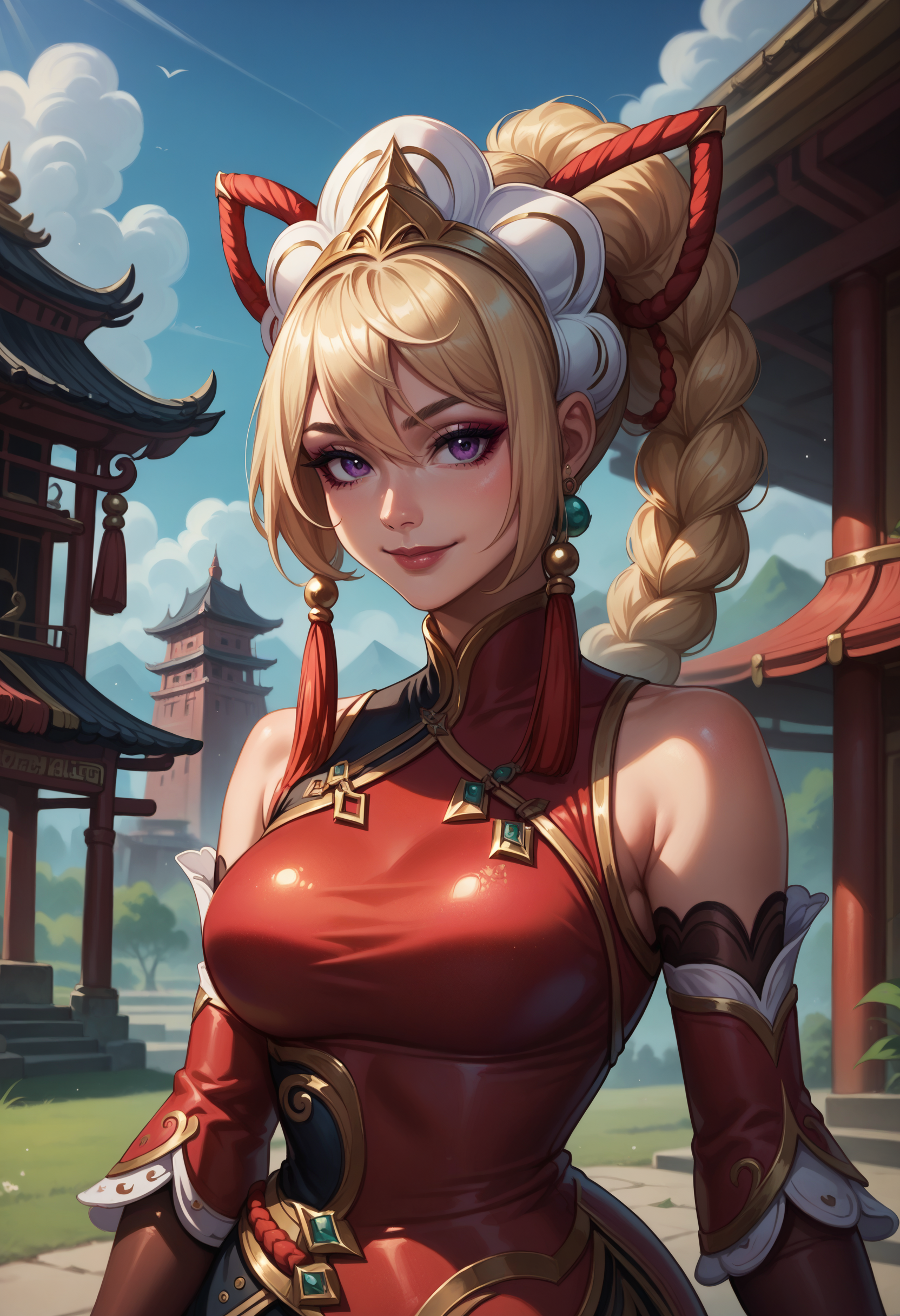 score_9, score_8_up, score_7_up, (masterpiece, best quality), 1girl, solo, dumpling darlings syndra, purple eyes, makeup,
blonde hair, braided ponytail, bangs, hair ornament, headdress, jewelry, earrings, red nail polish, 
china dress, red detached sleeves, 
upper body, smile, closed mouth, outdoors, chinese gate, temple