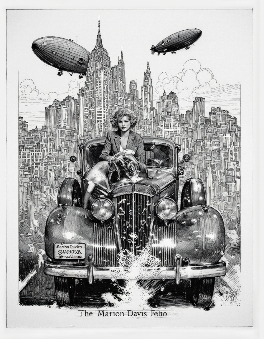 Art by Thomas Haller Buchanan. A black and white pencil drawing of a woman with curly blonde hair sitting on the hood of a vintage car in front of a cityscape with tall buildings and a large airship in the background. the woman, who appears to be a adult, is positioned in the center of the image, with her upper body facing the viewer and looking directly at them. she has a confident expression and is wearing a blazer with the name "marion davies" written on it. the car is a classic, vintage model, with a large, ornate grille and the headlights shining brightly. the cityscape behind her is filled with tall, modern skyscrapers, and the airship is a zeppelin, adding a whimsical touch to the scene. the drawing is signed "the marion davis folio" at the bottom, with the artist's signature in the bottom right corner.