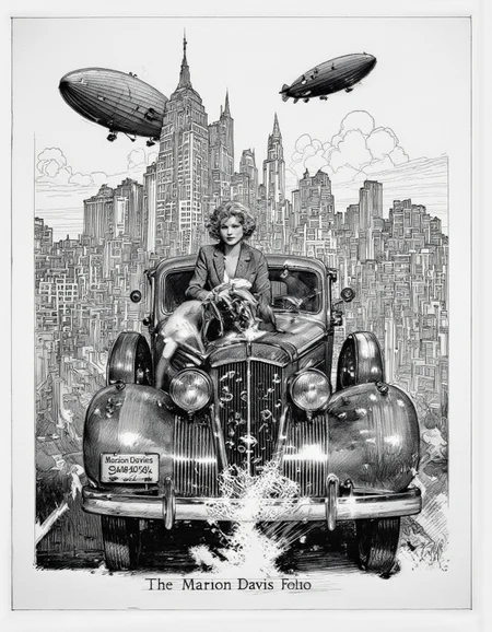 Art by Thomas Haller Buchanan. A black and white pencil drawing of a woman with curly blonde hair sitting on the hood of a vintage car in front of a cityscape with tall buildings and a large airship in the background. the woman, who appears to be a adult, is positioned in the center of the image, with her upper body facing the viewer and looking directly at them. she has a confident expression and is wearing a blazer with the name "marion davies" written on it. the car is a classic, vintage model, with a large, ornate grille and the headlights shining brightly. the cityscape behind her is filled with tall, modern skyscrapers, and the airship is a zeppelin, adding a whimsical touch to the scene. the drawing is signed "the marion davis folio" at the bottom, with the artist's signature in the bottom right corner.