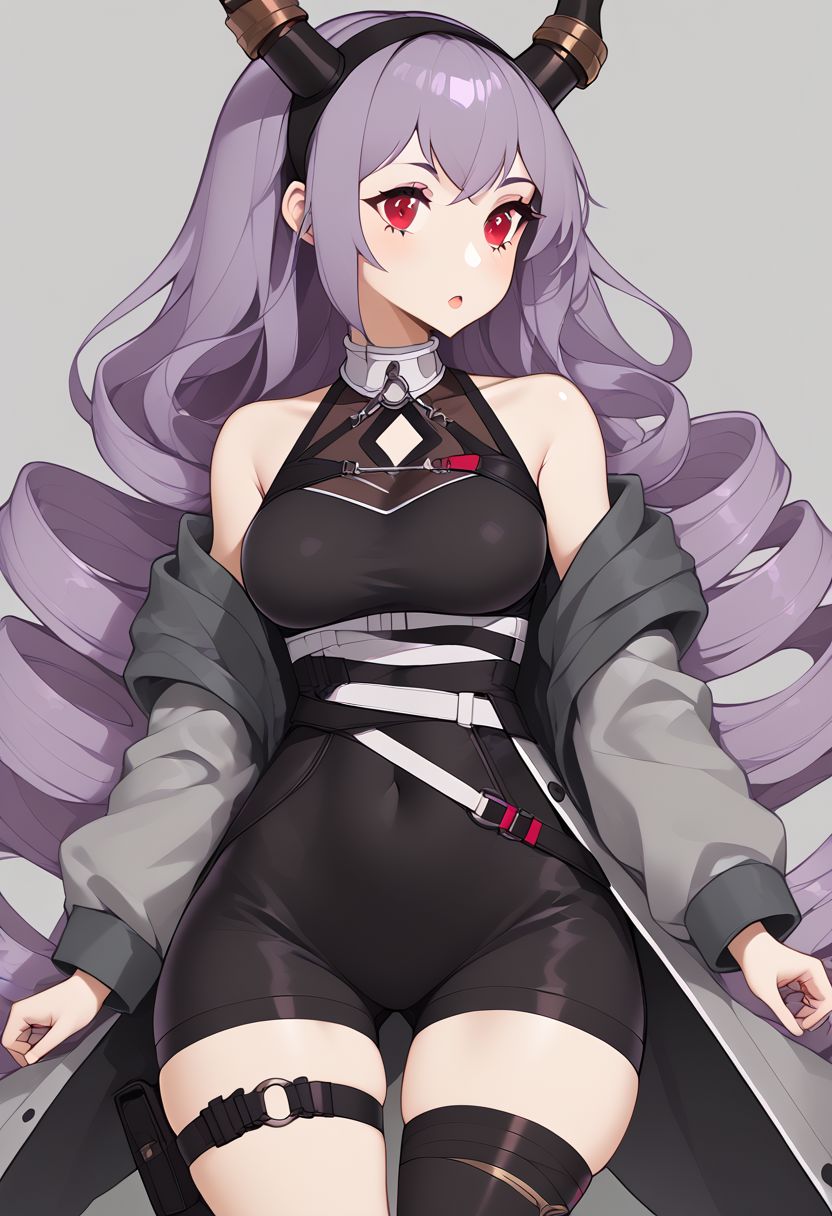 score_9, score_8_up, score_8, medium breasts, (curvy), cute, eyelashes,  zzNill, BREAK,
patTyphon, very long hair, purple hair, sidelocks, drill hair, twin drills, red eyes,  black hairband, horns, open coat, grey coat, long sleeves, sleeveless shirt, black shirt, clothing cutout, bare shoulders, belt, buckle, covered navel, black leotard, black shorts, thigh strap, thigh belt, asymmetrical legwear, single thighhigh, black thighhighs, socks, grey footwear,
wide hips, narrow waist,