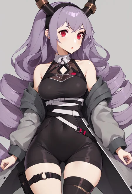 score_9, score_8_up, score_8, medium breasts, (curvy), cute, eyelashes, zzNill, BREAK,
patTyphon, very long hair, purple hair, sidelocks, drill hair, twin drills, red eyes, black hairband, horns, open coat, grey coat, long sleeves, sleeveless shirt, black shirt, clothing cutout, bare shoulders, belt, buckle, covered navel, black leotard, black shorts, thigh strap, thigh belt, asymmetrical legwear, single thighhigh, black thighhighs, socks, grey footwear,
wide hips, narrow waist,