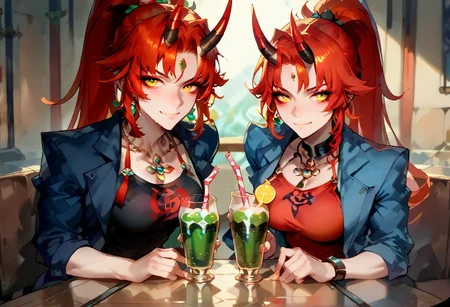 score_9, score_8_up, score_7_up, score_6_up, score_5_up, red hair, streaked hair, golden eyes, long hair ponytail, necklace, breasts, looking at viewer, ponytail, large breasts, oni, demon queen, demon lord, black demon tail, happy, friendly, very muscular, short hairs, bodybuilder, red and black horns, spiky horns, negative_hand, blue jacket, short pants, necklace, tank top, sandals, (drinking green soda using a straw at restaurant), (put a glass in her hand), (symmetrical composition:1.3), (drink non elegantly, bad posture),(sitting by the window), (hold the glass vertically:1.3), (drink with a straw), (blush cheeks:0.8), (shallow DoF:1.35), (front of face), feet on table, feet, soles, large feet, sweaty soles, sweat, sandals on table