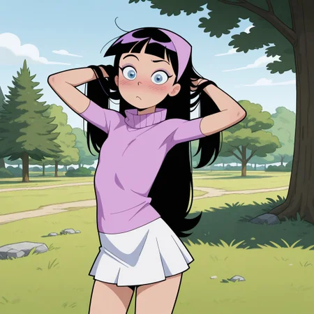 masterpiece, best quality, break, trixie_fop, black hair, long hair, bangs, blue eyes, turtleneck, skirt, hands in hair, looking at viewer, blush, tree, grass, natural lighting