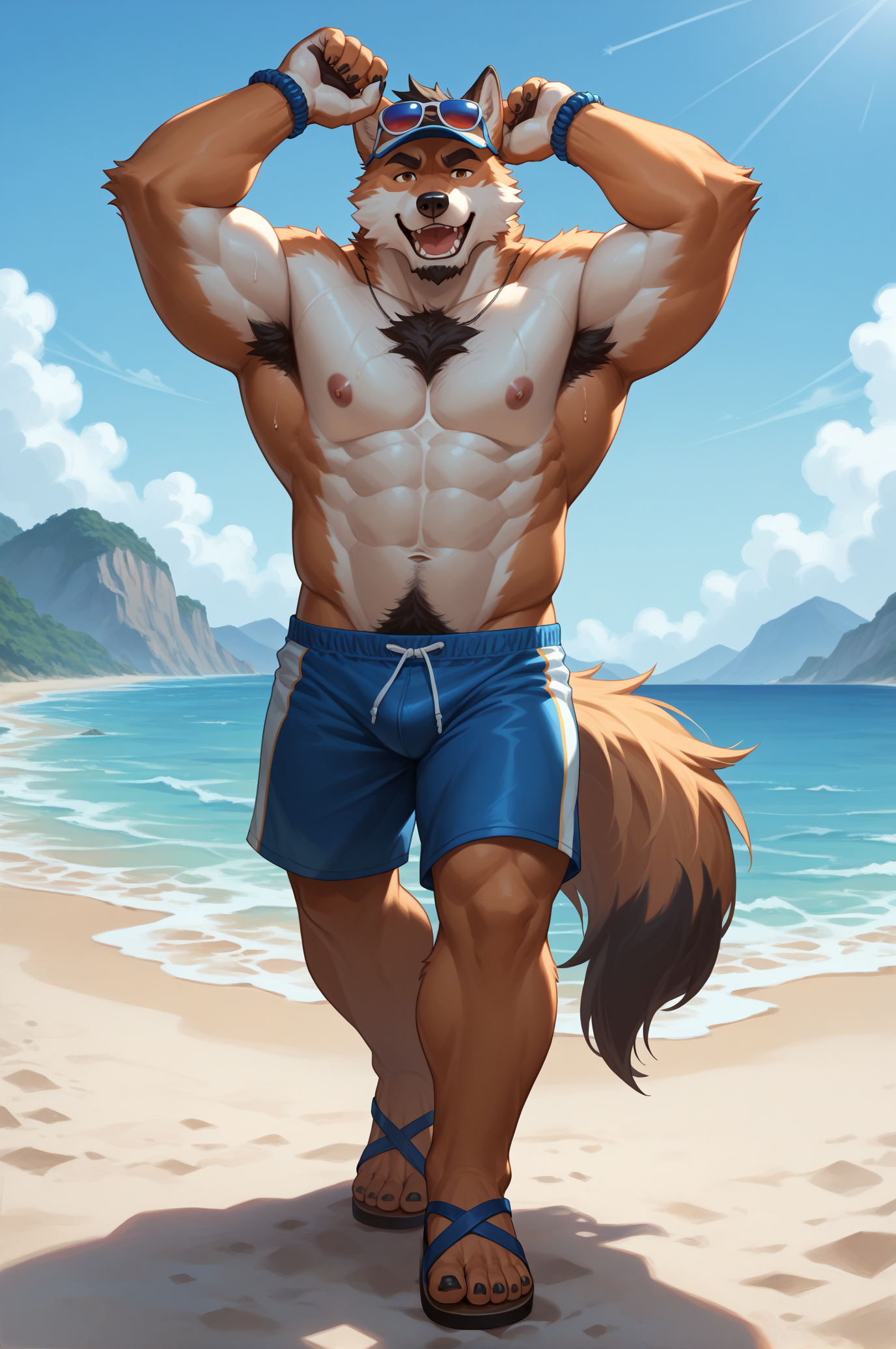 score_9,score_8_up,score_7_up,score_6_up,furry,kemono,high quality,full body,tail,furry,rating_explicit,embedding:zPDXL3 BREAK anthro male furry,solo,Animation style,
(very hairy chest, very hairy abdomen, pubic hair, hand hair, thigh hair, veins, bara, manly, mature man,sexy daddy),( beach, seaside party, swimsuit and shorts, crotch protrusion, sandals, walk, sexy eyes,  hot summer, sweat, body fluids, diving),wolf tail,