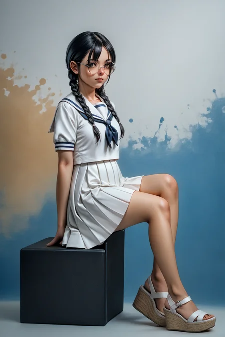score_9, score_8_up, score_7_up, 1girl, source_anime, detailed, painting, traditional media, 1girl, sitting, yokozuwari, serafuku, white dress, short skirt, short sleeves, pleated skirt, black hair, round glasses, twin braids, akanbe, ;P, sandals, perfect feet, five toes, abstract background, Wedge Heels, espadrille wedges