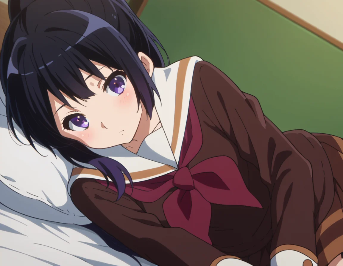 score_9, score_8_up, score_7_up, source_anime,
reinakousaka, <lora:reina-kousaka-ponyxl-lora-nochekaiser:1>,
reina kousaka, long hair, bangs, black hair, purple eyes,
ponytail, skirt, shirt, long sleeves, school uniform, pleated skirt, serafuku, neckerchief, brown skirt, white sailor collar, brown shirt, kitauji high school uniform, red neckerchief,
indoors, bed, bed room, on side, blush, drunk,
looking at viewer, cowboy shot, dutch angle,