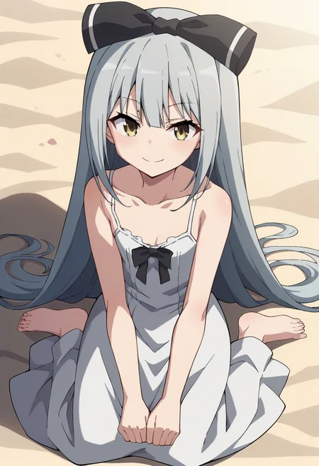 solo, SoraTS, long hair, bare shoulders, very long hair, grey hair, bow, (summer dress, spaghetti strap, bare shoulders, collarbone, long dress, white dress:1.2), barefoot, <lora:PonyXL SoraTS V2:0.8>, score_9, score_8_up, score_7_up, score_6_up, score_5_up, score_4_up , anime coloring ,BREAK source_anime, anime,
pov, full body, smile, sitting, beach, sunny day,