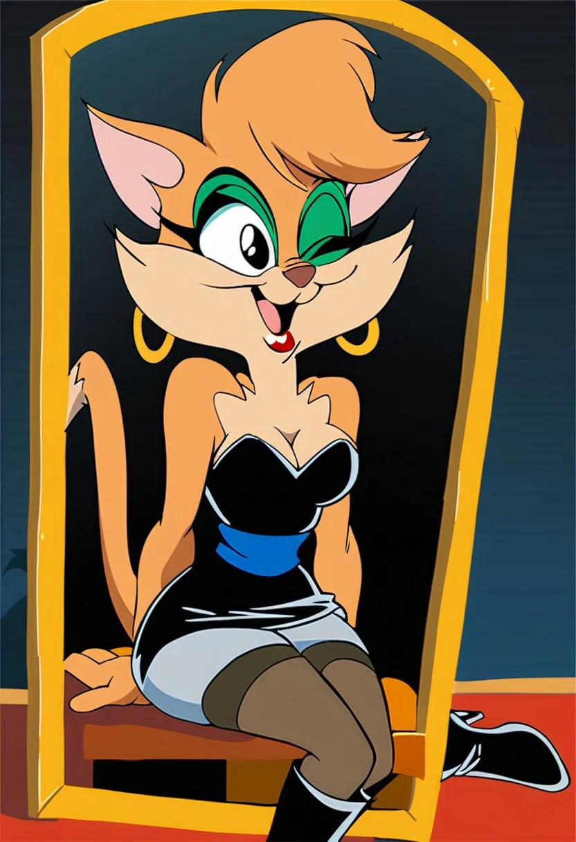 score_9, score_8_up, score_7_up, score_6_up, score_5_up, score_4_up, source_furry, Tabitha_Fantomcat, detailed eyes, detailed face, (retro artstyle, 1990s \(style\), flat color, toon \(style\)),1girl, solo, boots, dress, thigh boots, earrings, hoop earrings, strapless dress, jewelry, strapless, one eye closed, short dress, grey dress, thighhighs, sitting, breasts, topknot, cleavage, high heels, short hair, bare shoulders, high heel boots, tube dress, makeup, black footwear, smile, medium breasts, holding, open mouth, lipstick, black dress, mirror, knee boots, full body
<lora:tabitha-v1:1>