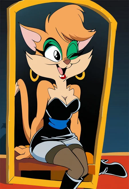 score_9, score_8_up, score_7_up, score_6_up, score_5_up, score_4_up, source_furry, Tabitha_Fantomcat, detailed eyes, detailed face, (retro artstyle, 1990s \(style\), flat color, toon \(style\)),1girl, solo, boots, dress, thigh boots, earrings, hoop earrings, strapless dress, jewelry, strapless, one eye closed, short dress, grey dress, thighhighs, sitting, breasts, topknot, cleavage, high heels, short hair, bare shoulders, high heel boots, tube dress, makeup, black footwear, smile, medium breasts, holding, open mouth, lipstick, black dress, mirror, knee boots, full body
<lora:tabitha-v1:1>