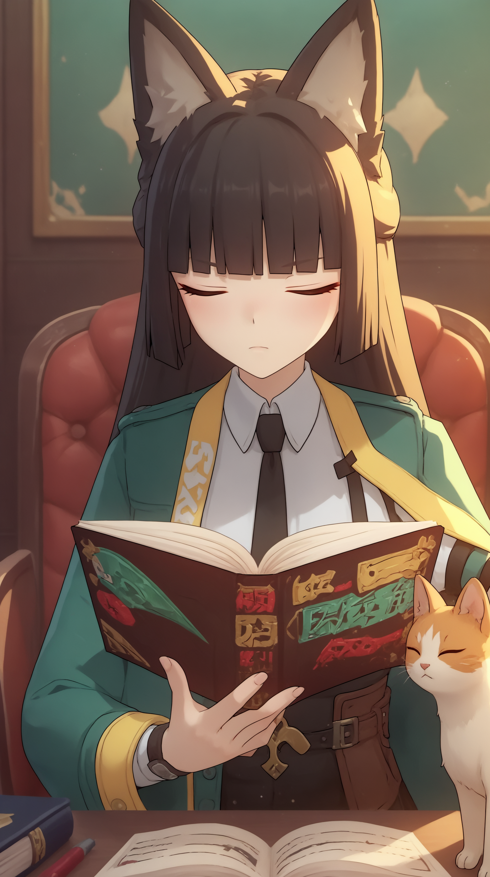 score_9, score_8_up, score_7_up, best background, detailed background, 4k, upscale, anime_source  Hoshimi Miyabi, Main Outfit, solo, holding, closed mouth, sitting, upper body, closed eyes, book, animal, chair, cat, holding book, open book, reading, table,  <lora:JN_Hoshimi_Miyabi_Pony:0.8>