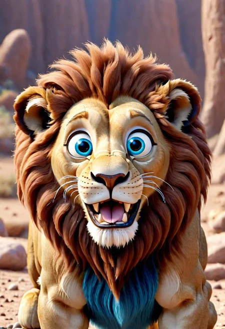 3d,art by pixar,cartoon, a fleshmutant cute lion with big brown mane and blue eyes