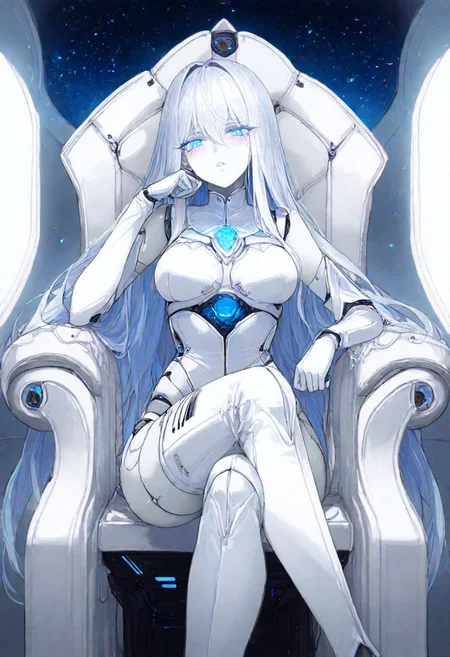 (masterpiece), best quality, highres, extreme detail, ultra detailed, illustration, digital art, rich colors, ((manhwa style, semi-realistic)), 4k, HD,
BREAK
score_7_up,score_7,score_6_up,masterpiece,
ambient occlusion, raytracing, soft lighting, blum effect, masterpiece, absolutely eye-catching, particles, glow, shining, intricate cinematic background, (beautiful face), flirtatious expression,
BREAK
masterpiece, highly detailed,1girl,beautiful eyes, detailed eyes, detailed pupils, perfect body,
Automaton, colored skin, robot girl, (white_skin:2.0), joints, white hair, blue eyes, glowing blue eyes, metal_skin,
no nipples, metal_skin, black tears,
<lora:MGE_V5.1:0.5>
,body writing,tattoo, barcode,
sitting on arm chair, boss's chair, crossed legs, head rest, clenched hand, 1girl, looking at viewer, determined, long hair, military uniform, pants, thigh boots, gloves, thighs, indoors, spacecraft, night sky, star,
gbf_style, 748cmstyle,