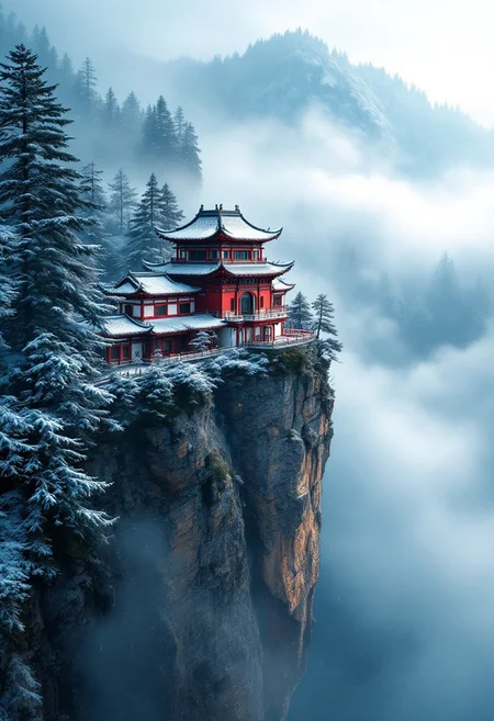 A red Chinese-style building on the cliff, pine trees covered in snow in winter, high-definition photography, high resolution, misty rain and fog, aerial view, overlooking the lake water below. The blue sky is shrouded in clouds, with white ice crystals covering it, creating an ethereal feeling of tranquility and grandeur. High-contrast color, movie-style, beautiful scenery, a romantic and mysterious atmosphere. Aerial perspective.