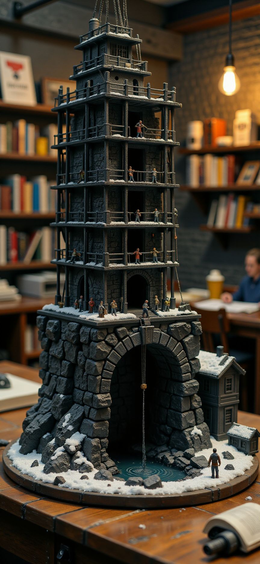 (indoors,indoor,isometric view,side view,tilt-shift lens:2), (fna_style,miniature,miniature,diorama,miniature,diorama,PVC,plastic:2),starry night,winter giant (multi stories of coal shaft  with iron scaffolding,cubic vertical:2.5)  is located center, people are climbing with ropes, (in wooden square plate:3) (on table at study:3) <lora:Fantasy_Novel_Art_Style:1> <lora:Rostpunk:0.3> <lora:Space_Stations_ST01_Flux:1>