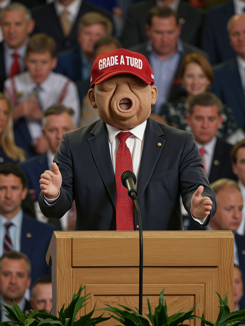 **POTUS** with a tardigrade face is speaking at the Republican National Convention. He is standing behind a podium. The tardigrade is wearing a suit and tie, and a red cap that says "GRADE A TURD". Group of people behind him.
