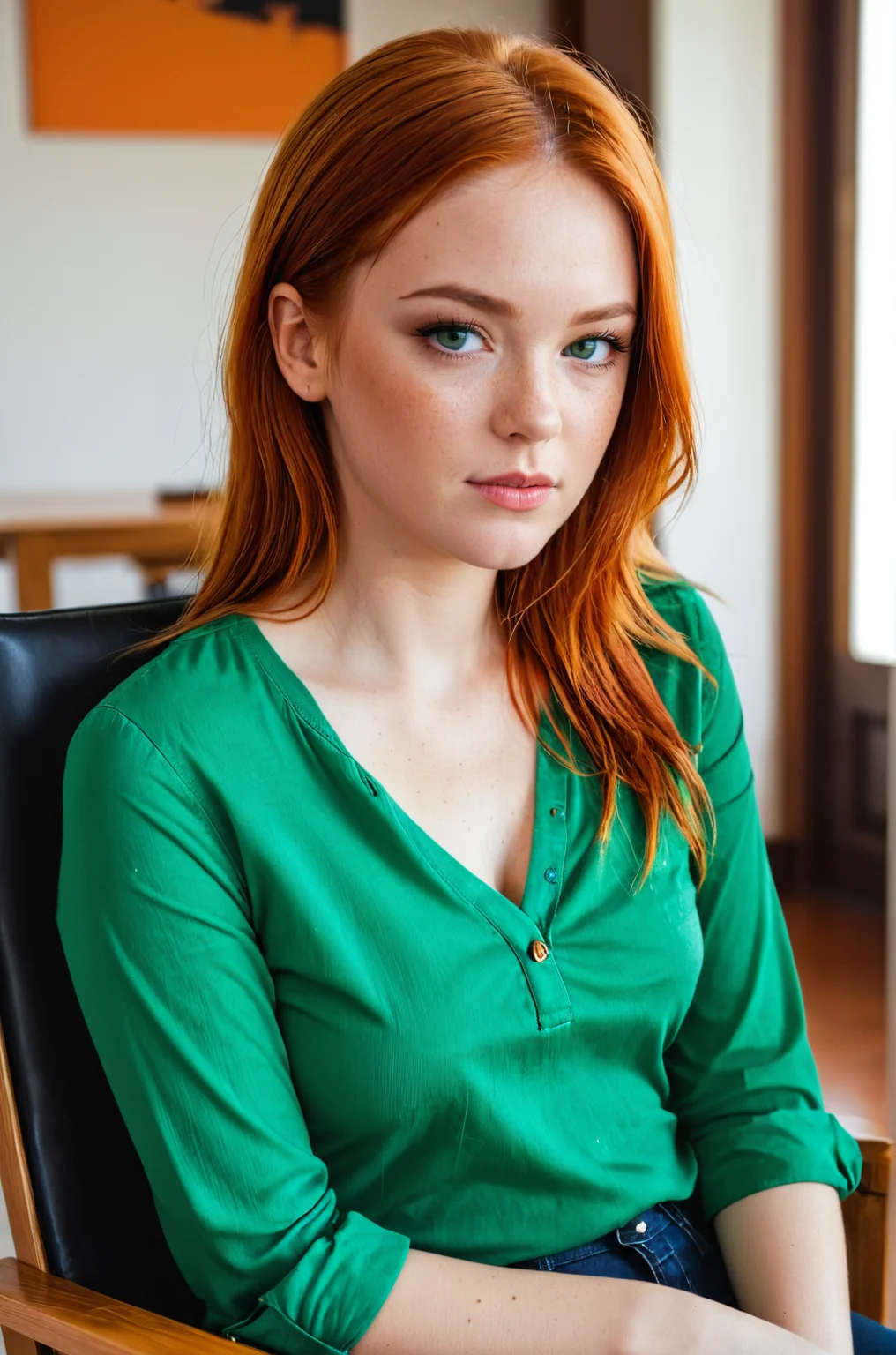 breathtaking 1girl, black shirt, breasts, chair, denim, freckles, green eyes, green shirt, indoors, lips, looking at viewer, orange hair, pants, parted lips, portrait, realistic, red hair, scar, shirt, solo, teeth, v-neck, woman <lora:S4ndr4_mm4:0.8> S4ndr4 . award-winning, professional, highly detailed
