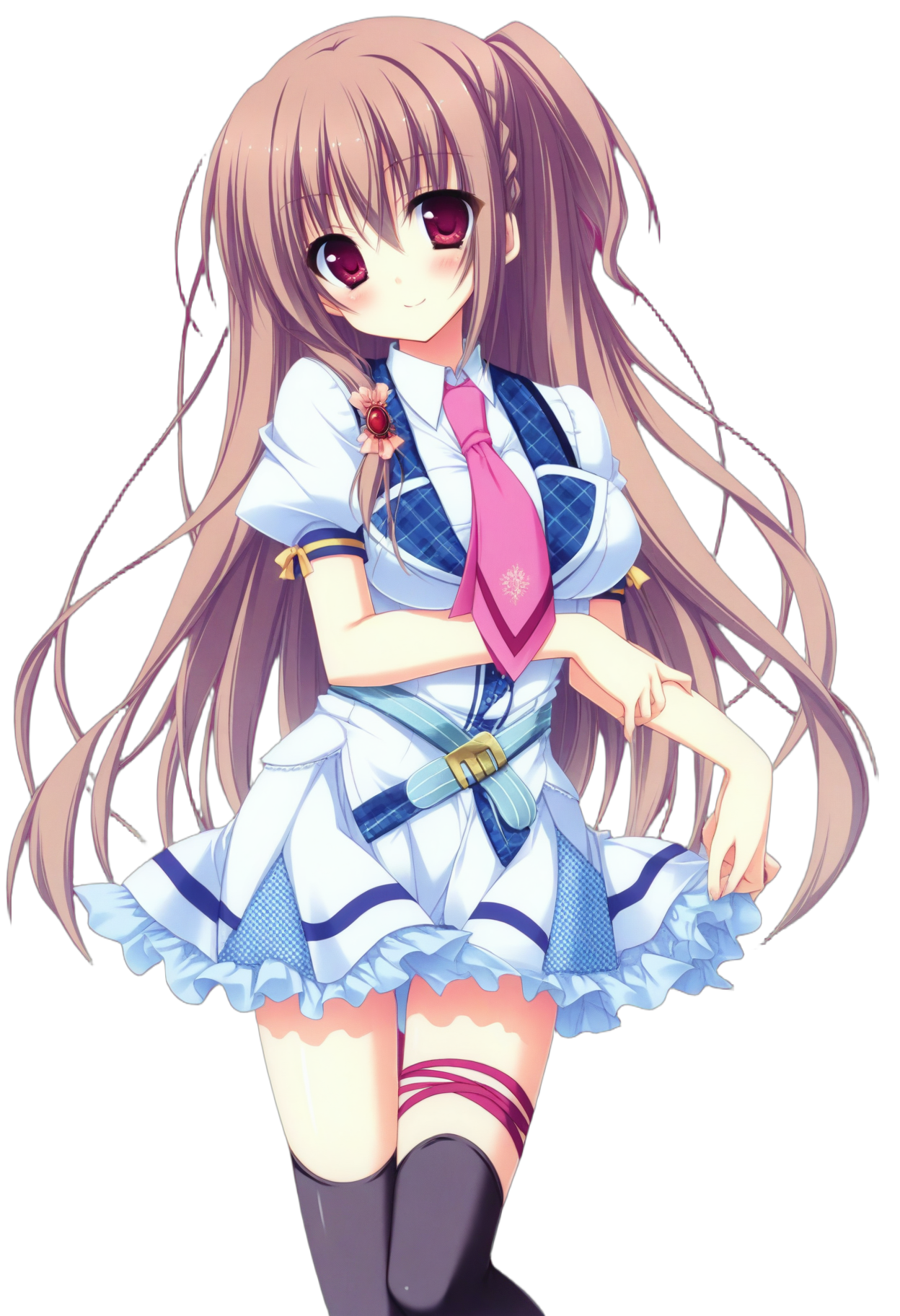 masterpiece, 1girl, solo, c-narumi, red eyes, long hair, brown hair, red brooch, school uniform, pink necktie, short puffy sleeves, light blue belt, thigh ribbon, black thighhighs, looking at viewer, cowboy shot, simple background, smile, blush, thighs,