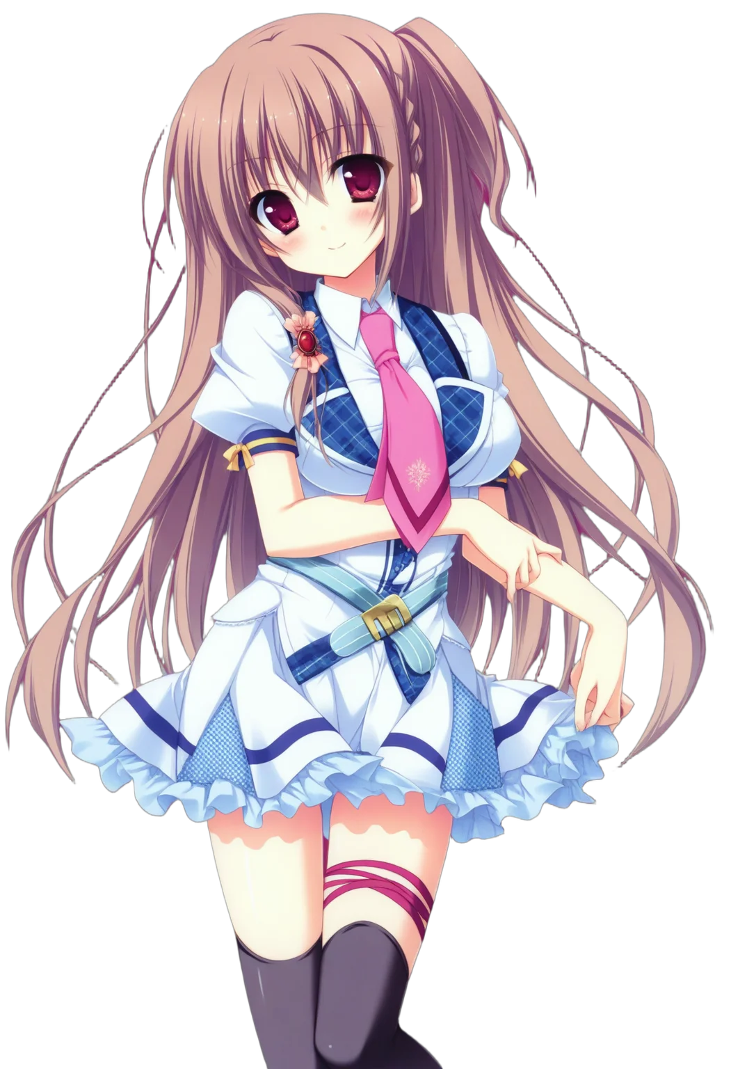 masterpiece, 1girl, solo, c-narumi, red eyes, long hair, brown hair, red brooch, school uniform, pink necktie, short puffy sleeves, light blue belt, thigh ribbon, black thighhighs, looking at viewer, cowboy shot, simple background, smile, blush, thighs,