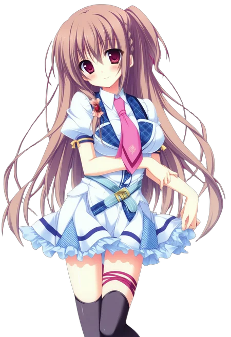 masterpiece, 1girl, solo, c-narumi, red eyes, long hair, brown hair, red brooch, school uniform, pink necktie, short puffy sleeves, light blue belt, thigh ribbon, black thighhighs, looking at viewer, cowboy shot, simple background, smile, blush, thighs,