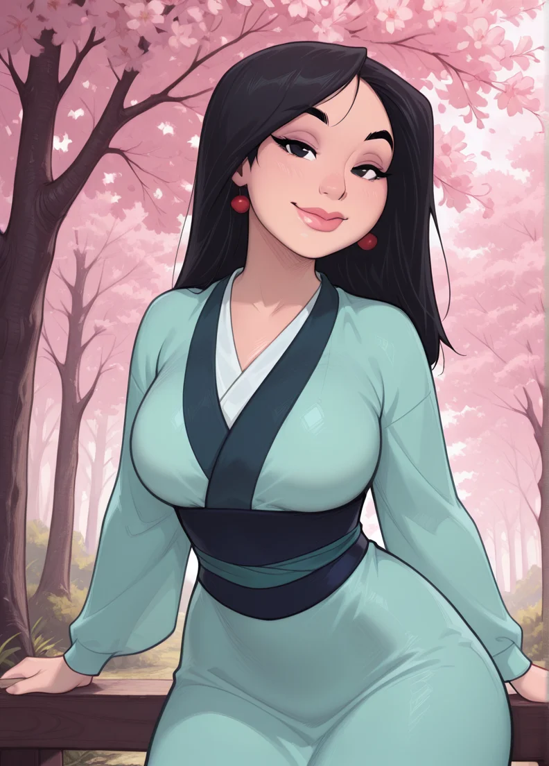 melkor_style,
masterpiece, best quality, amazing quality, very aesthetic, absurdres, newest, detailed background, cowboy shot, 4k, 8k, forest, cherry tree,
mulanxd, 1girl, solo, black hair, black eyes, dress, long hair, long sleeves, green japanese clothes, lips, wide hips, large breasts, looking at viewer, smile, sexy, seductive,
<lora:Mulan_-_Disney_Illustrious:1>,
 <lora:Melkor_V4_Illustrious:1>