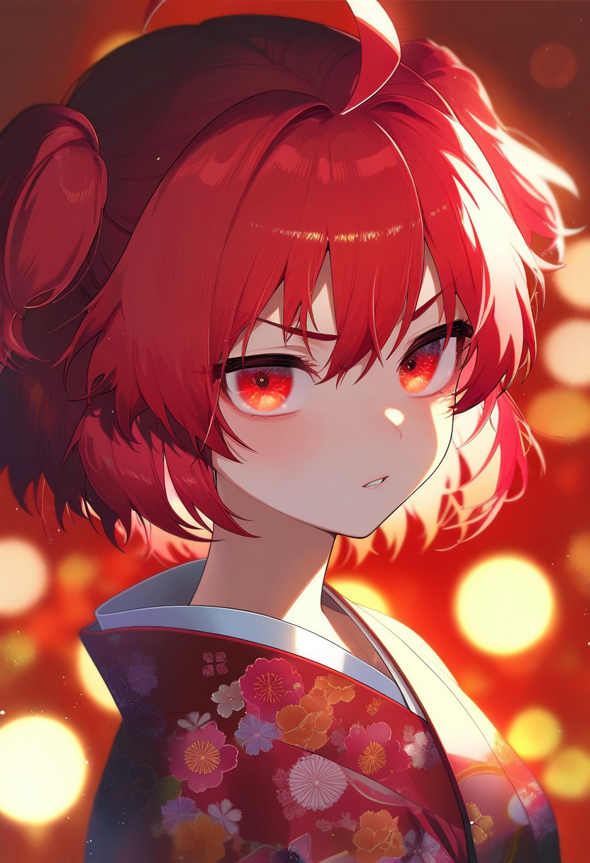 masterpiece, best quality, very aesthetic, high resolution, ultra-detailed, absurdres, newest, extremely detailed eyes, beautiful, perfect lighting, hi res, amazing quality, very awa, jui_sio, 1girl, solo, ahoge, japanese clothes, looking at viewer, kimono, red eyes, red kimono, red background, upper body, red hair, parted lips, bangs, blurry, floral print, two side up, bokeh, light particles, short hair, depth of field, v-shaped eyebrows, print kimono, portrait