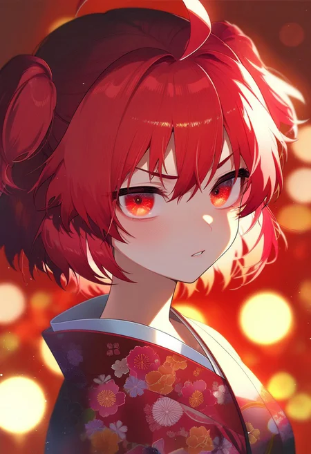 masterpiece, best quality, very aesthetic, high resolution, ultra-detailed, absurdres, newest, extremely detailed eyes, beautiful, perfect lighting, hi res, amazing quality, very awa, jui_sio, 1girl, solo, ahoge, japanese clothes, looking at viewer, kimono, red eyes, red kimono, red background, upper body, red hair, parted lips, bangs, blurry, floral print, two side up, bokeh, light particles, short hair, depth of field, v-shaped eyebrows, print kimono, portrait