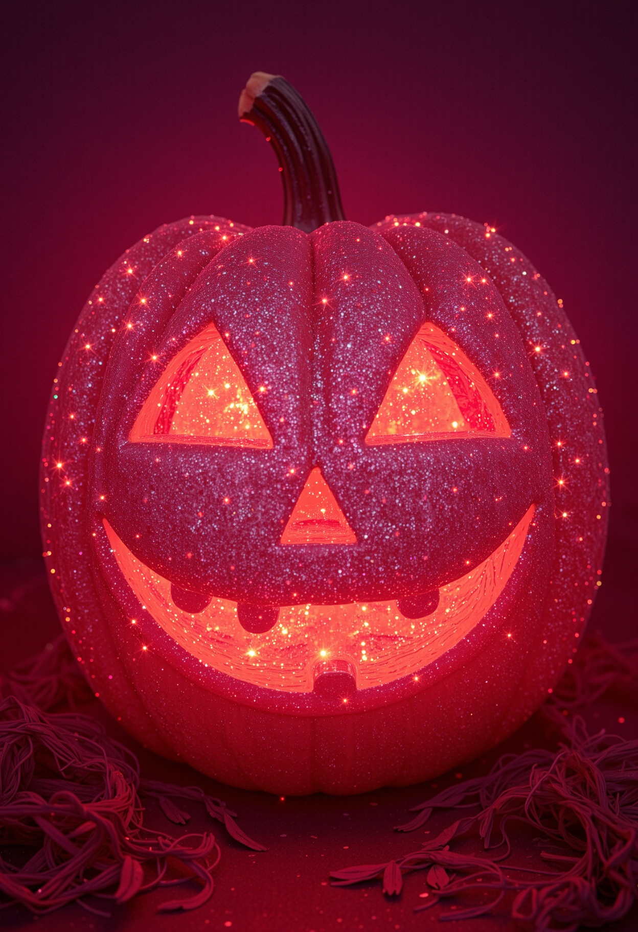 analog photography of a gigantic magical halloween pumpkin with a cheeky face fully covered in iridescent glitter reflecting prismatically like a princess on acid with an intense bokeh effect in a nice shady spot in hell. The light is red-pink  <lora:flux\flux-Sch-SingleBlocks-F32.sft> <lora:flux\flux_Surreal_Photo_glitter>