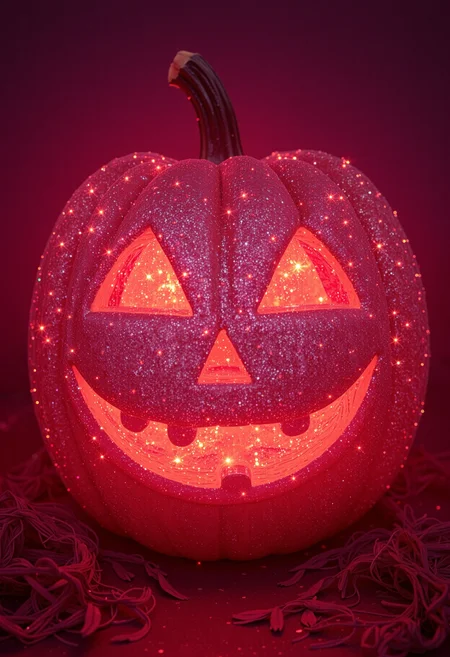 analog photography of a gigantic magical halloween pumpkin with a cheeky face fully covered in iridescent glitter reflecting prismatically like a princess on acid with an intense bokeh effect in a nice shady spot in hell. The light is red-pink <lora:flux\flux-Sch-SingleBlocks-F32.sft> <lora:flux\flux_Surreal_Photo_glitter>