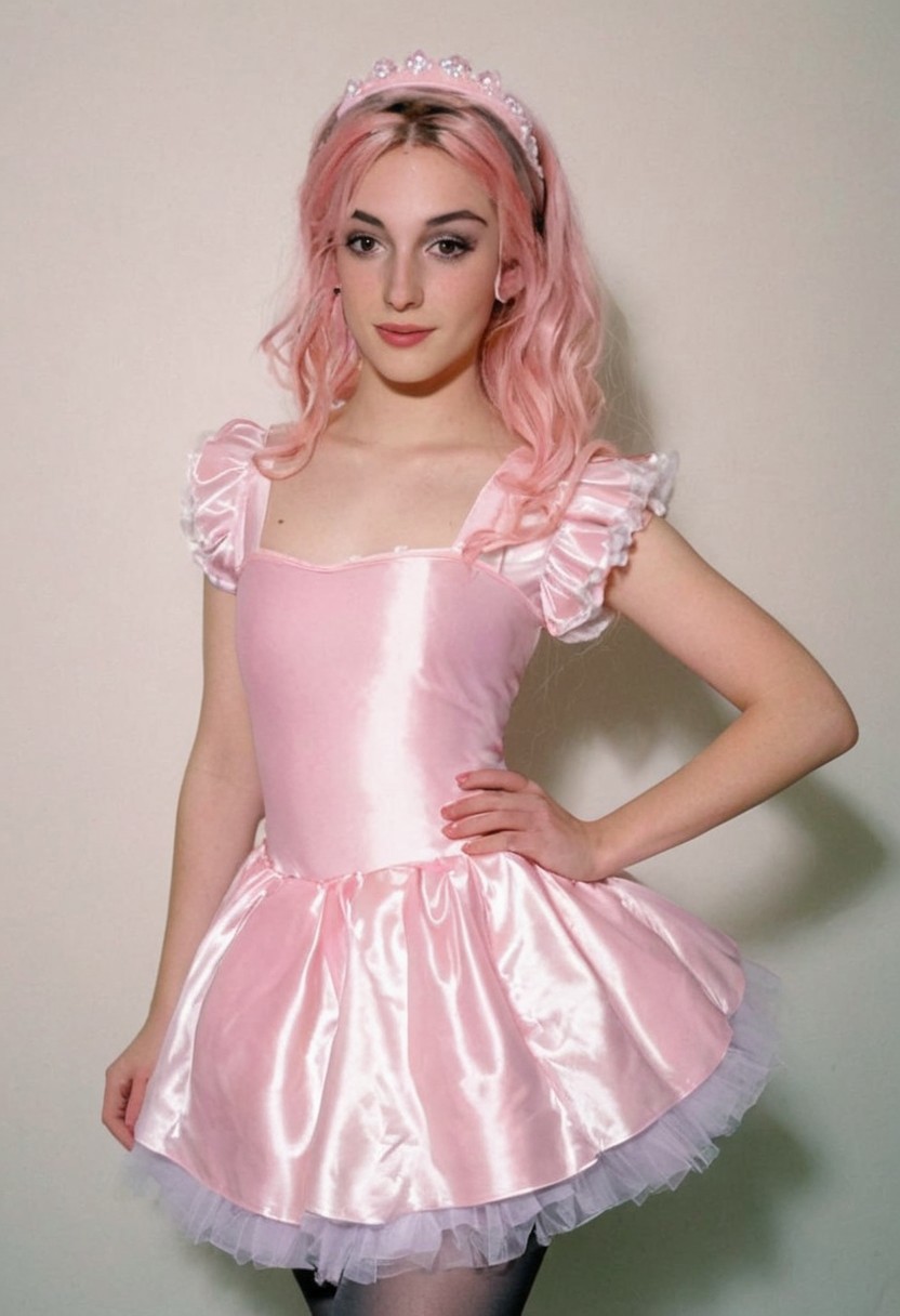 slutty pastel satin fairy maid alice princess costume, skinny, amateur, sexy british crossdresser, beautiful, 19 years old, headband, freckles, soft smile, punk, flirtatious, tights, satin tutu, lipgloss, ear
dark room, analog 90s Kodak flash photograph, uncensored, nip slip, detailed background