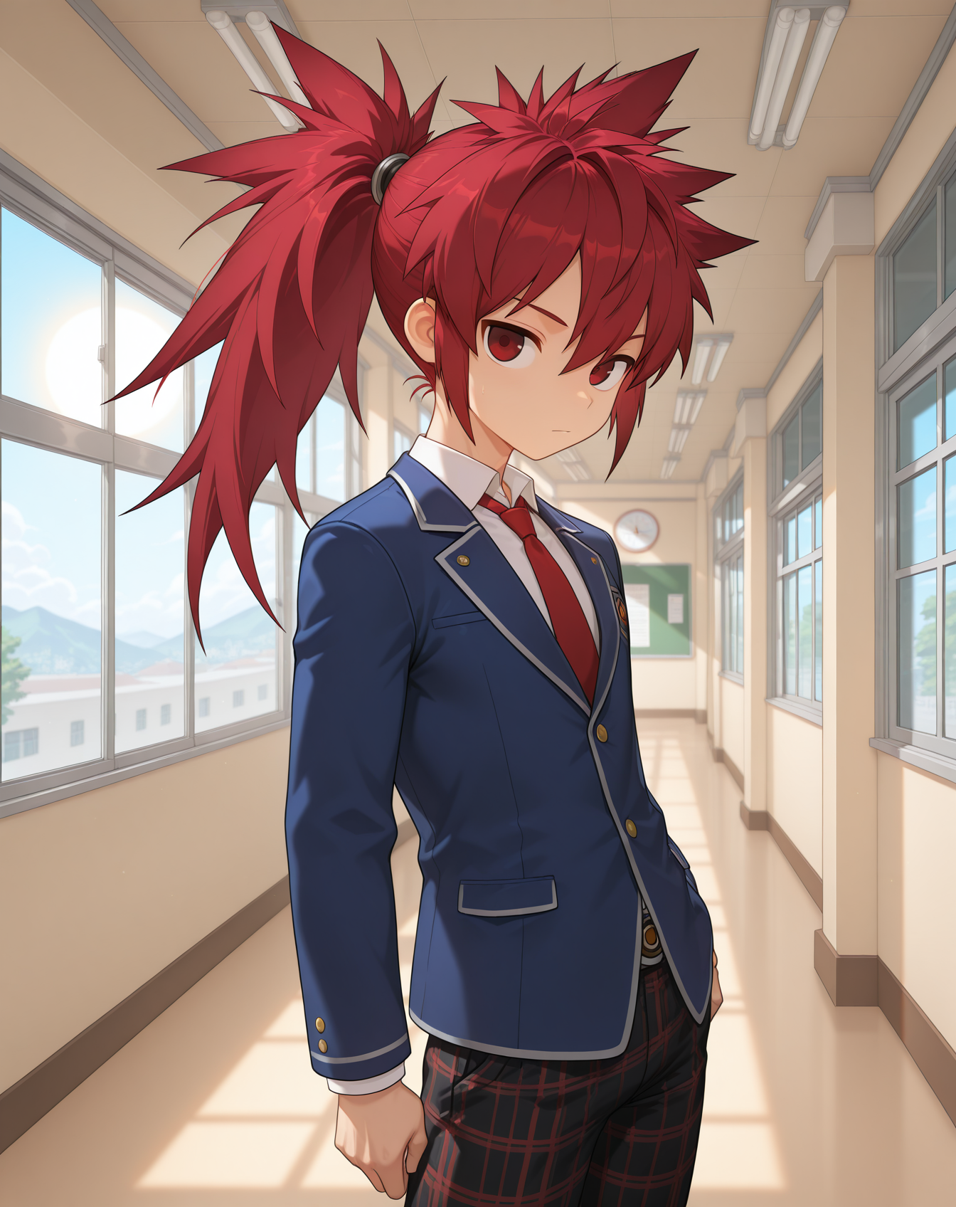 masterpiece,best quality,amazing quality, newest, very aesthetic, absurdres,
1boy, solo, yaoi, male focus, looking at viewer, cowboy shot,
 <lora:Elsword_Sheath_Knight_ilxl:1> elswordsk, red hair, red eyes, spiked hair, long hair, ponytail,
school uniform, white shirt, collared shirt, blue jacket, red necktie, black pants, plaid pants,
indoors, school, hallway, window, day, sun,