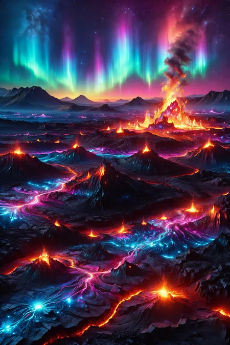 curious robot with shimmering circuits, morph-aurora, volcanic plains with glowing lava, detailed background, best quality, vibrant colors, photorealistic style, high detail, hyper-realistic, highres, 4K resolution, realistic photo, masterpiece, ultra-detailed, northern glow, blues and pinks, soft glow, close-up shot, <lora:add-detail-xl:1> <lora:aurora_0_100_V1-000009:0.65>
