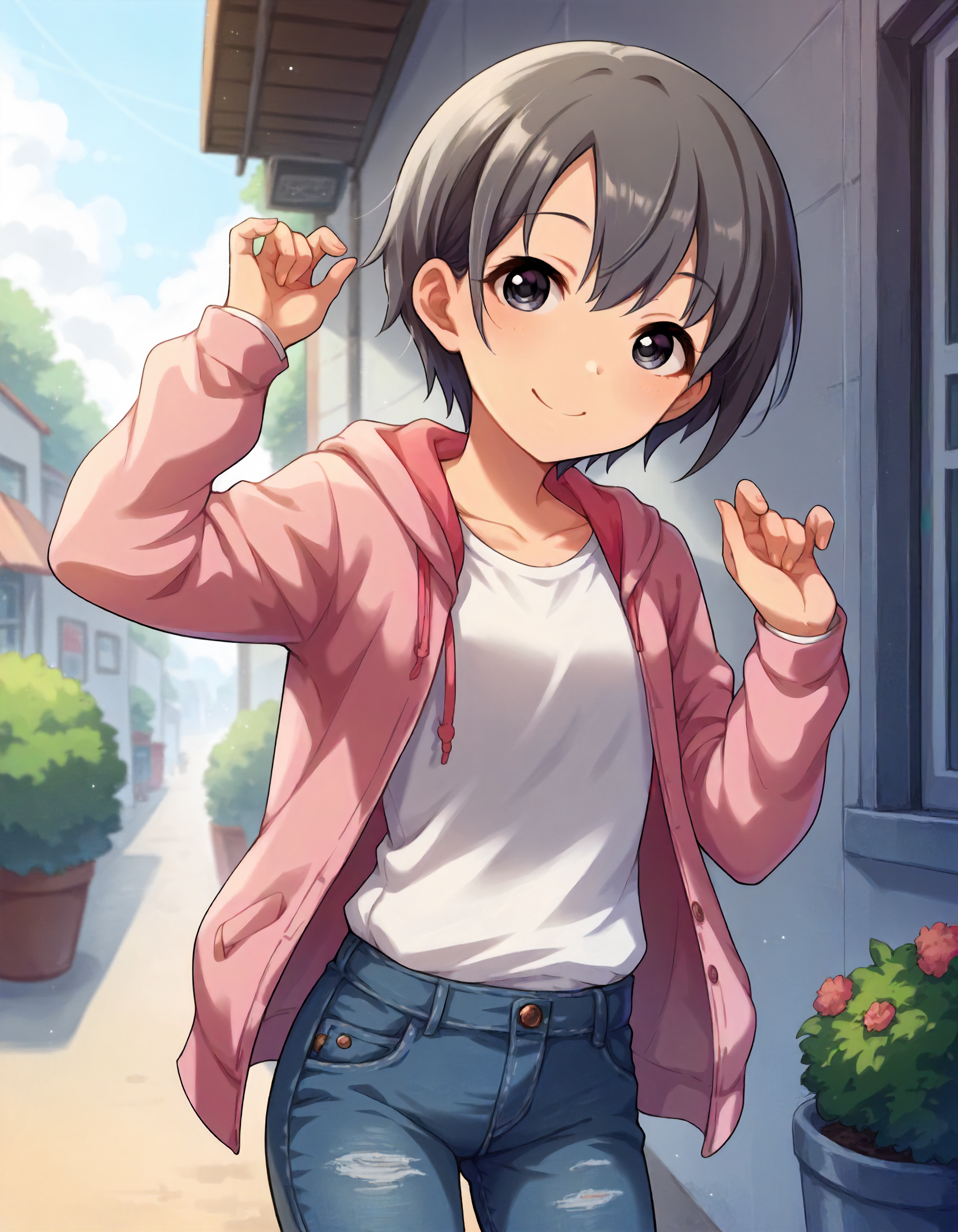 score_9,score_8_up,score_7_up,1girl,solo,cowboy shot,looking at viewer,smile,outdoors,
<lora:otokurayuuki_ponyXLV6:0.8>,cgoy,grey hair,short hair,grey eyes,flat chest,
pink hoodie,white shirt,denim