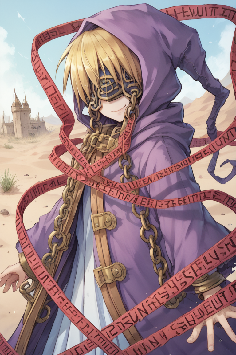(score_9, score_8_up, score_7_up, score_6_up), source anime, BREAK, solo,  <lora:Nessiah-000013:0.85> , nesdef, 1boy, blonde hair, mask, covered eyes, hooded robe, hood up, robe, purple robe, caution tape, red caution tape, chain, cuffs, exterior, desert, wasteland, fortress, castle, (cowboy shot), (from side), smile, closed mouth,  <lora:zy_Detailed_Backgrounds_v1:0.5> , detailed background, highly detailed,   <lora:backgroundsetXL:0.4> , background,  <lora:m4gXLP:0.6> , m4g,