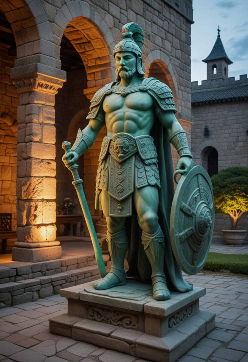 (medium full shot) of (exquisite jade statue) ,  , with gladiator armor,  scepter, located in  an ancient castle, with historic stone walls, detailed carvings, grand fireplaces, peaceful gardens, rustic benches , during twilight, Masterpiece,best quality, photo, realistic, very aesthetic,