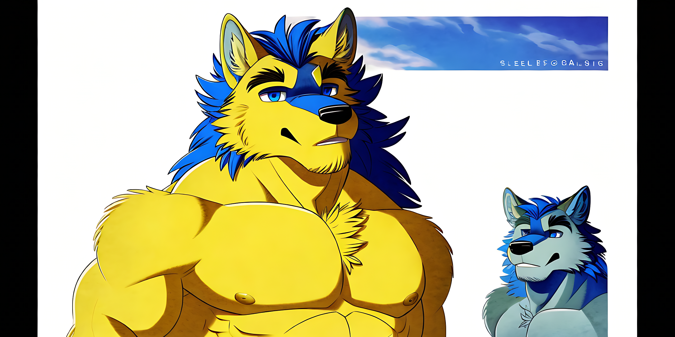 enhanced, remastered, bara, anthropomorphic (timber wolf)+, black finger less gloves, blue eyes, long wavy blue hair