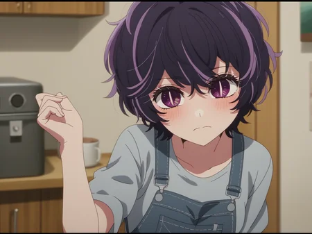 abikosamejima, 1girl, short hair, purple hair, purple eyes, messy hair, solo, streaked hair, petite, <lora:AbikoSamejima-e10:0.9>, blush, shy, overalls, grey shirt, zPDXL2